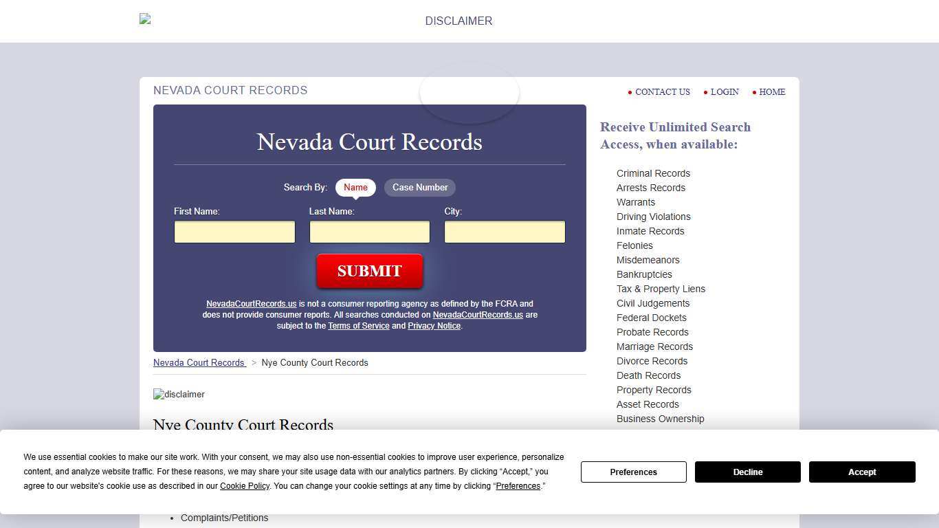 Nye County Court Records | NevadaCourtRecords.us