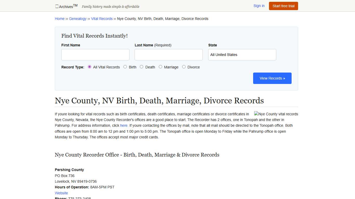 Nye County, NV Birth, Death, Marriage, Divorce Records